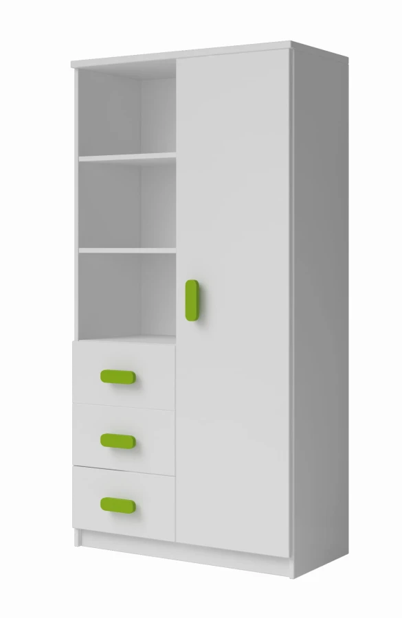 Moderner weißer Kleiderschrank mit grünen Griffen und offenen Regalen