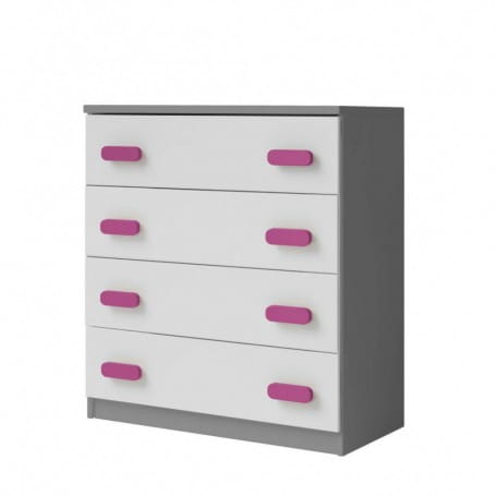 Kinderzimmer-Kommode in Grau und Weiß mit 4 Schubladen und leuchtend pinken Griffen.