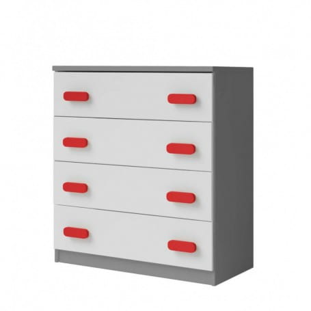 Grau-weiße Kommode mit 4 Schubladen und roten Griffen, ideal für das Jugendzimmer.