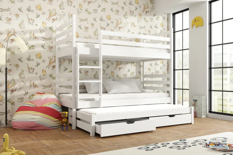Weißes Kinder-Etagenbett mit drittem Ausziehbett und praktischen Schubladen.