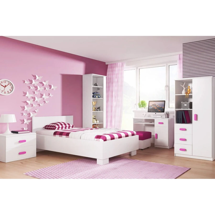 Mädchen-Kinderzimmer Set in Weiß und Rosa mit Bett, Schreibtisch und Regalen.