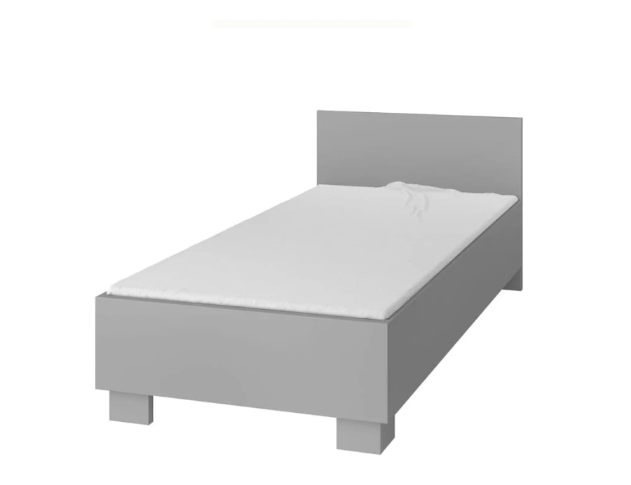 Modernes graues Einzelbett mit schlichtem Kopfteil und weißer Matratze.