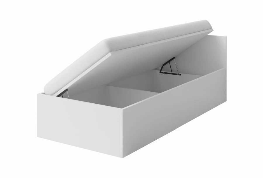 Weißes Bett mit Bettkasten-Funktion und Stauraum unter der Liegefläche.