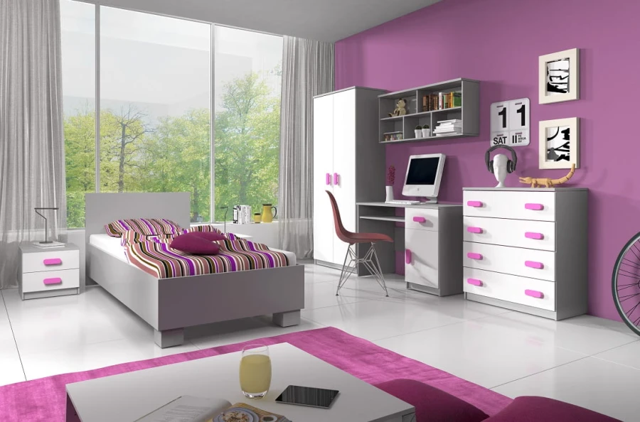 Stilvolles Jugendzimmer in Lila und Grau mit Schreibtisch, Kleiderschrank und Bett.