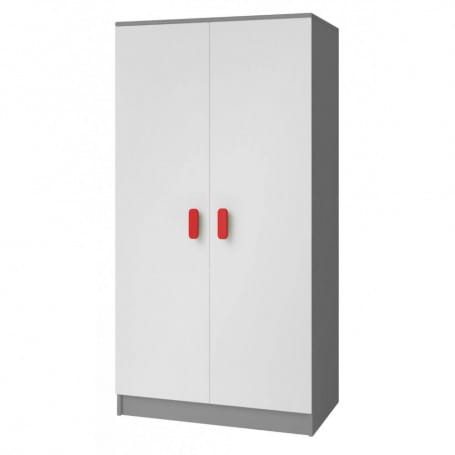 Kleiderschrank in Weiß und Grau mit roten Griffen, modernes Design
