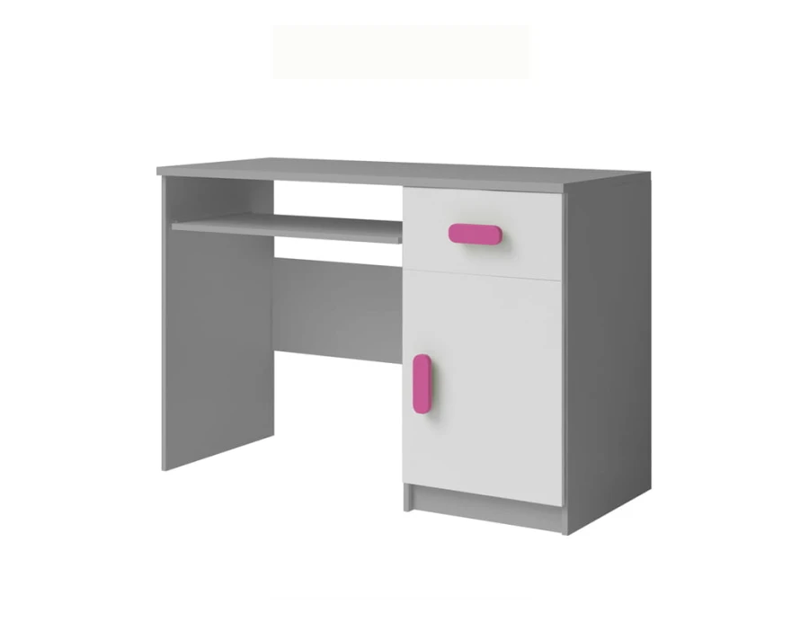 Schreibtisch für Kinder in Grau und Weiß mit pinken Griffen und integriertem Stauraum.