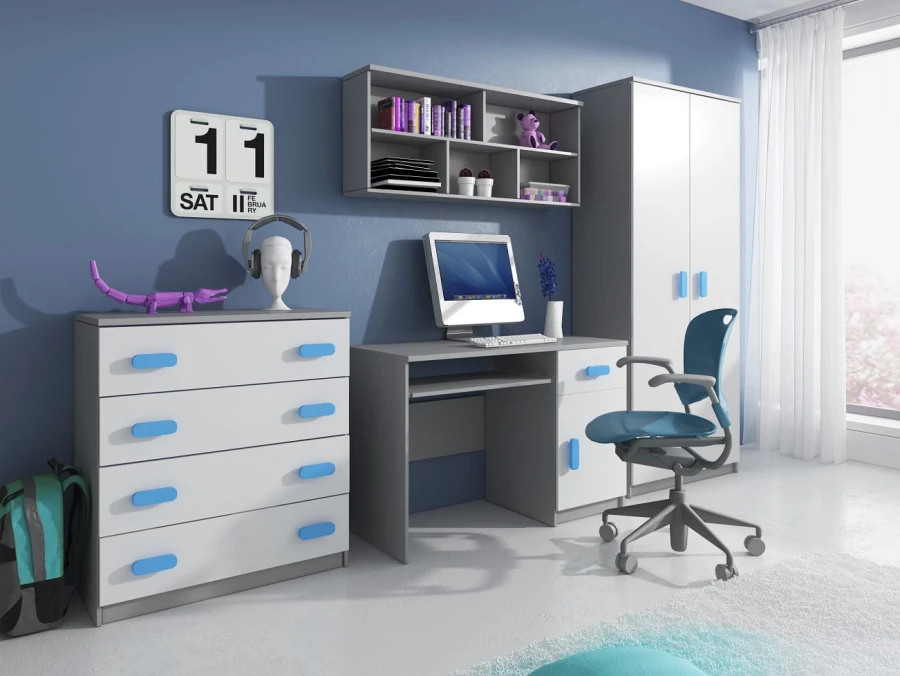 Modernes Jugendzimmer in Blau und Grau mit Schreibtisch, Stuhl und Kommode