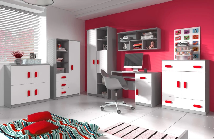 Modernes Jugendzimmer mit grauen und weißen Möbeln, rotem Akzent und Schreibtisch vor pinker Wand.
