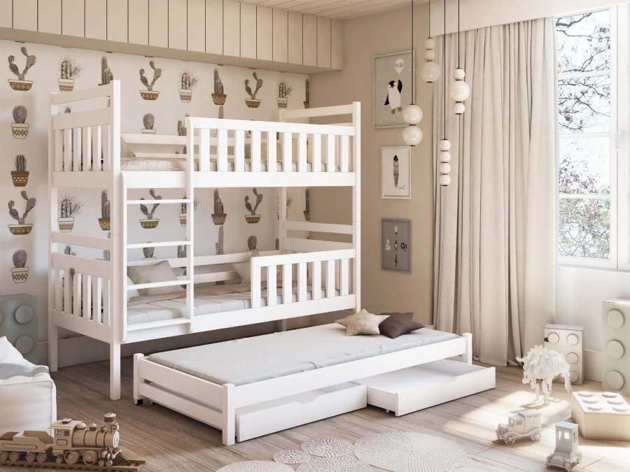 Weißes Etagenbett für Kinder mit ausziehbarem Gästebett und praktischen Schubladen.