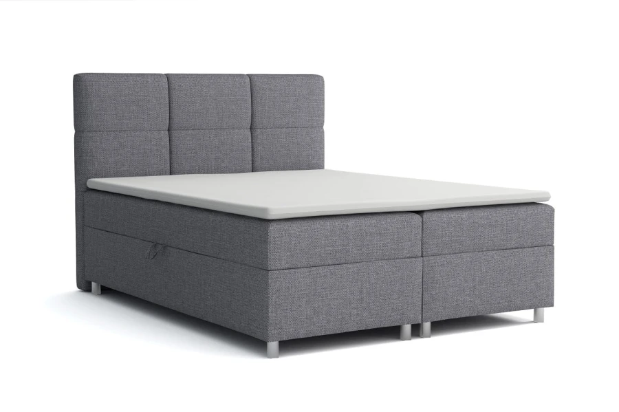 Modernes Boxspringbett in Grau mit gepolstertem Kopfteil und Bettkasten-Funktion.