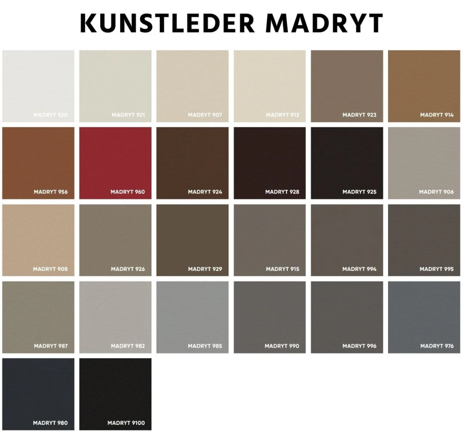 Übersicht der Madryt Kunstleder-Kollektion: Vielfältige Farbmuster für hochwertige Polsterbezüge.