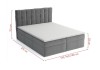 Graues Boxspringbett mit Maßangaben für Höhe, Breite und Tiefe.