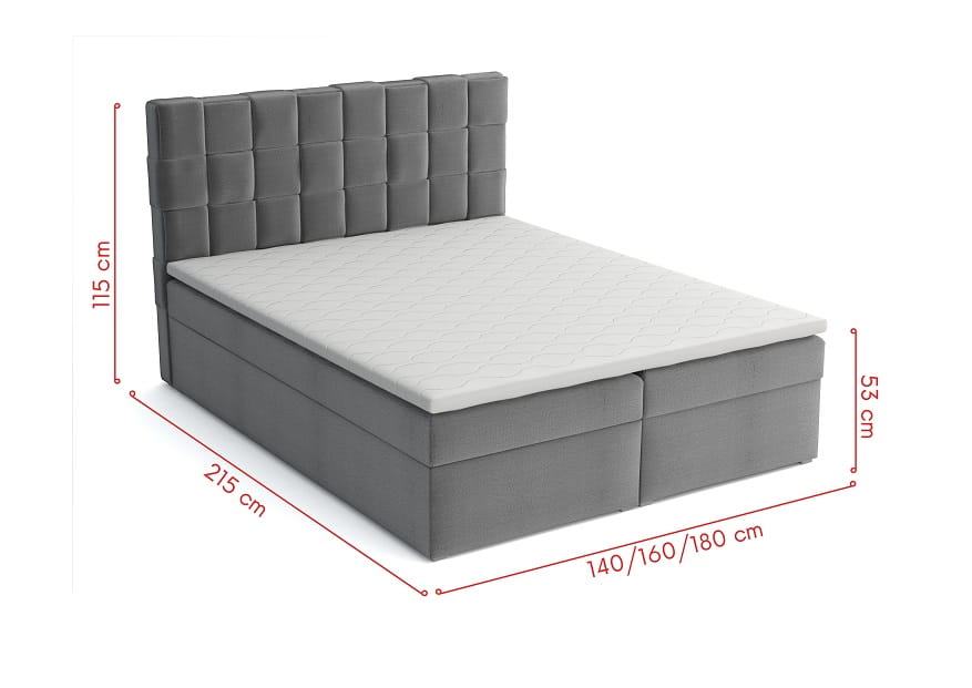 Graues Boxspringbett mit Maßangaben für Höhe, Breite und Tiefe.