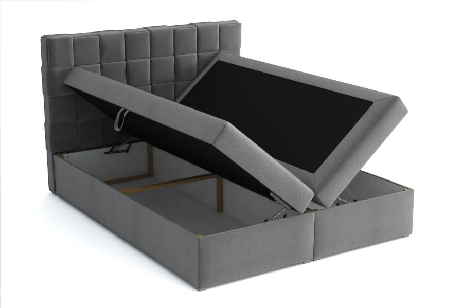 Boxspringbett in Grau mit aufklappbarem Bettkasten als Stauraum.