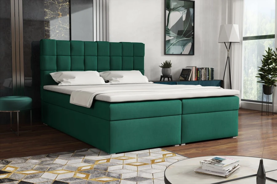 Smaragdgrünes Polsterbett mit karierter Steppung in modernem Interieur.