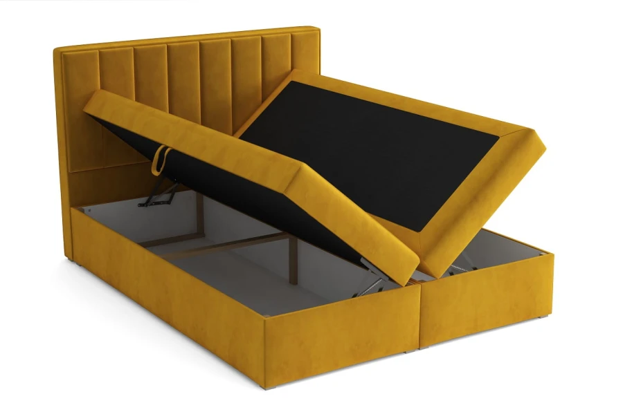 Gelbes Boxspringbett mit zwei offenen Bettkästen für viel Stauraum.