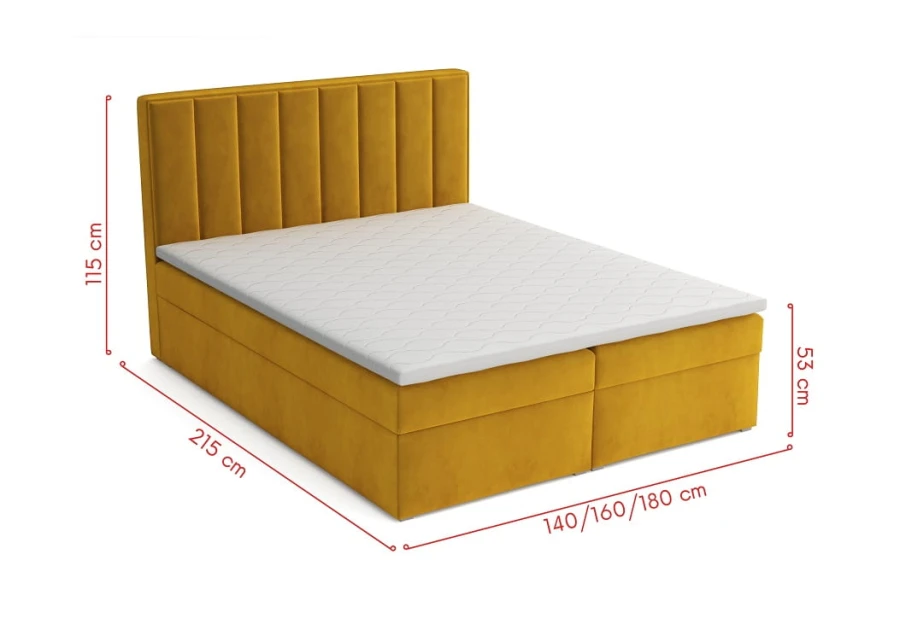 Gelbes Boxspringbett mit Maßen: 140/160/180 cm Breite und 215 cm Länge
