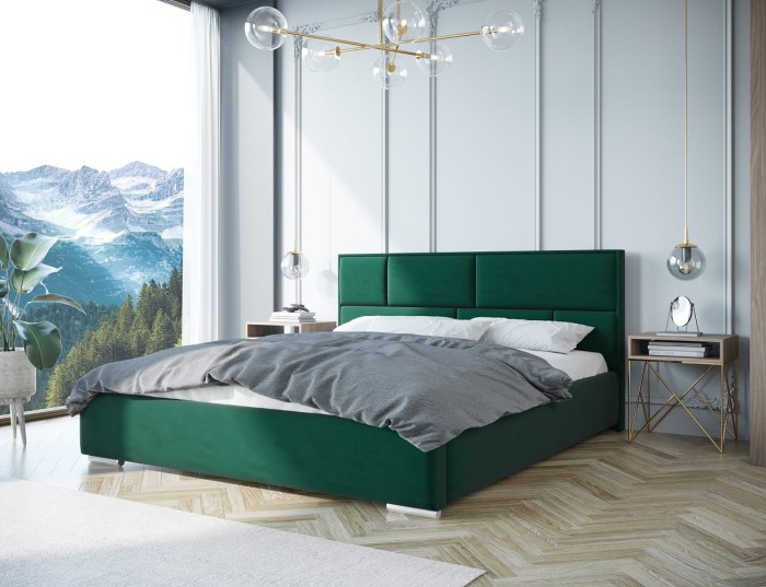 Modernes Polsterbett in Dunkelgrün mit gestepptem Kopfteil im stilvollen Schlafzimmer.
