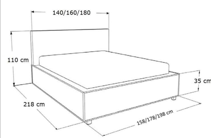 Technische Skizze mit Bettmaßen: Kopfteilhöhe 110 cm und Bettlänge 218 cm.