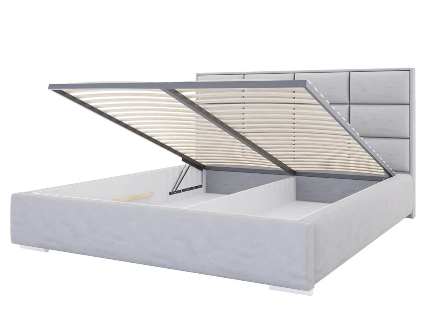 Graues Polsterbett mit Bettkasten und hochklappbarem Lattenrost für Stauraum.
