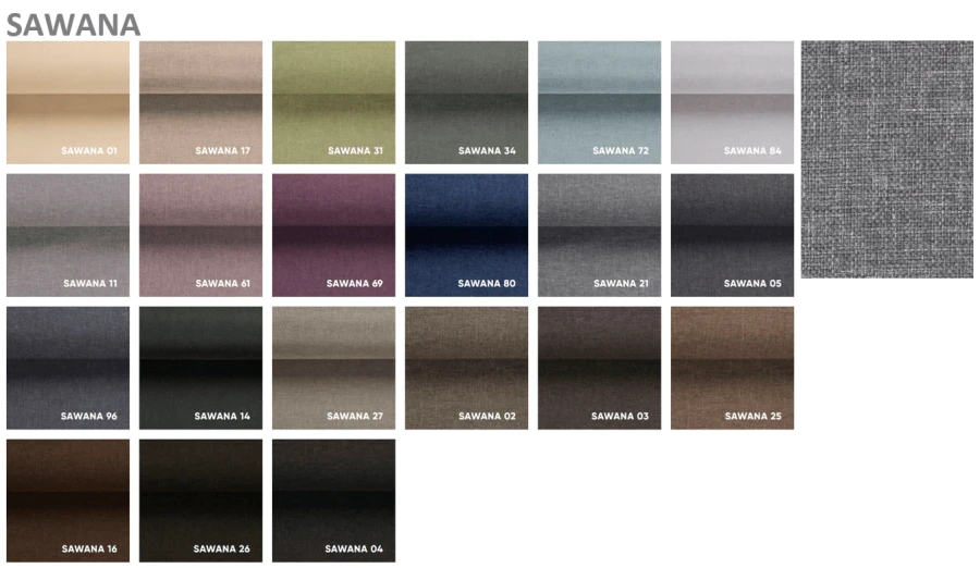 Musterkarte Sawana Webstoff für Polstermöbel in einer breiten Farbpalette von Beige bis Anthrazit.