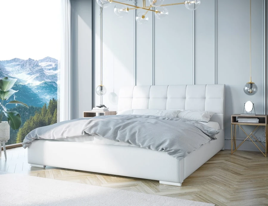 Modernes Schlafzimmer-Design mit stilvollem weißem Polsterbett und Bergblick.