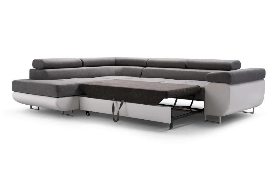 Ausziehbares Schlafsofa in Grau und Weiß mit integrierter Bettfunktion.