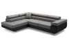 Komfortable Eckcouch in Dunkelgrau und Schwarz mit verstellbaren Nackenstützen.