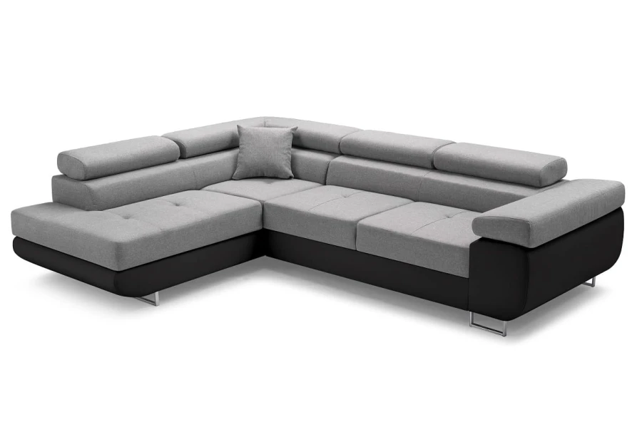 Modernes L-Sofa in Hellgrau und Schwarz, stilvolle Polsterecke mit Metallfüßen.