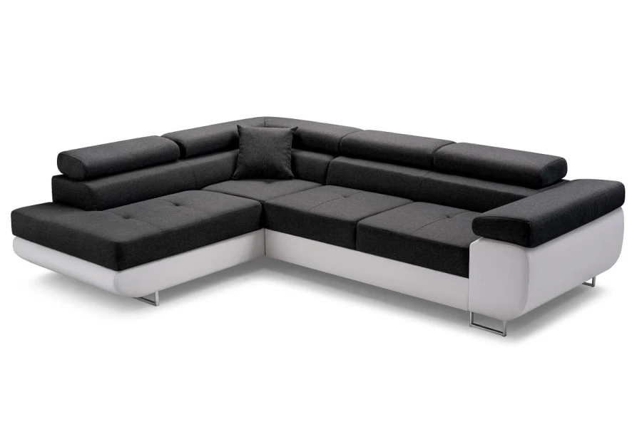 Dunkelgraues Ecksofa mit weißem Korpus und verstellbaren Kopfstützen.