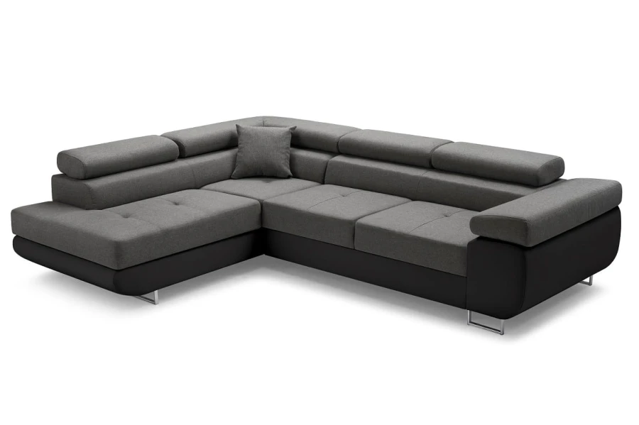 Modernes Ecksofa in Grau und Schwarz mit verstellbaren Kopfstützen.