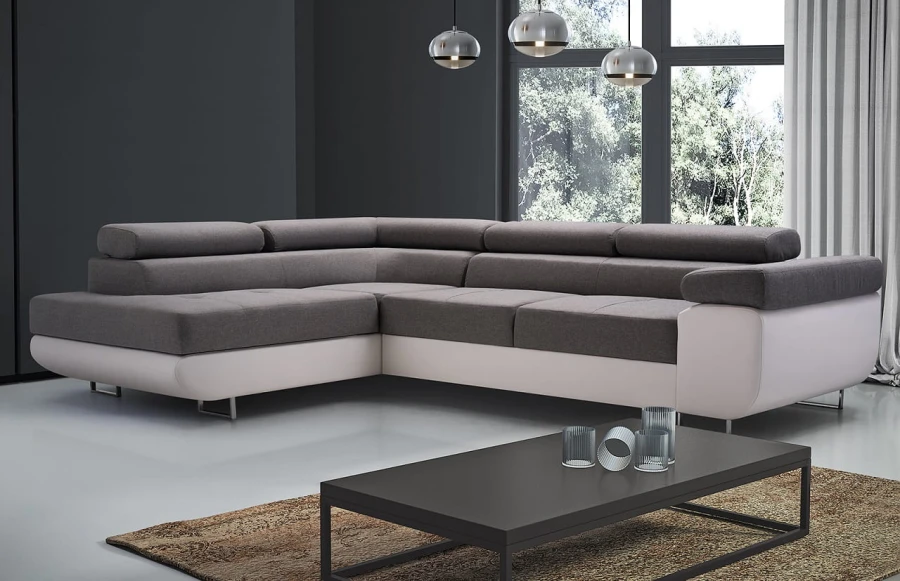 Modernes Ecksofa in Grau und Weiß für ein stilvolles Wohnzimmer.