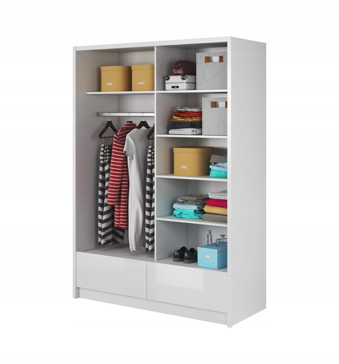 Innenansicht Kleiderschrank Weiß mit Kleiderstange und vielen Regalfächern