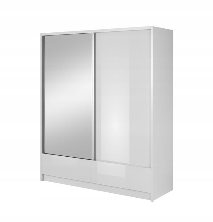 Weißer Schwebetürenschrank mit Spiegelfront und zwei geräumigen Schubladen