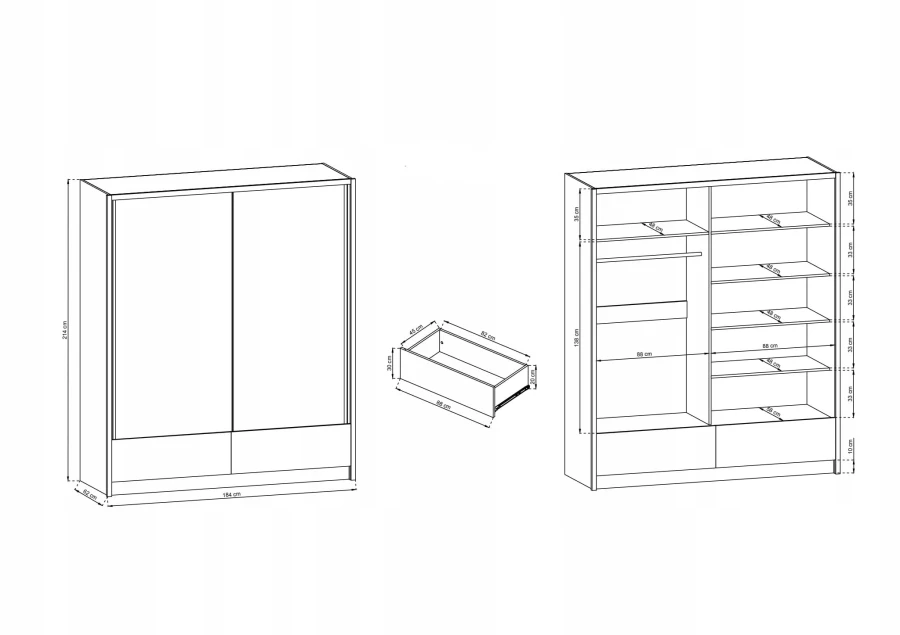 Technische Zeichnung Kleiderschrank 184 cm mit Innenaufteilung und Maßen.