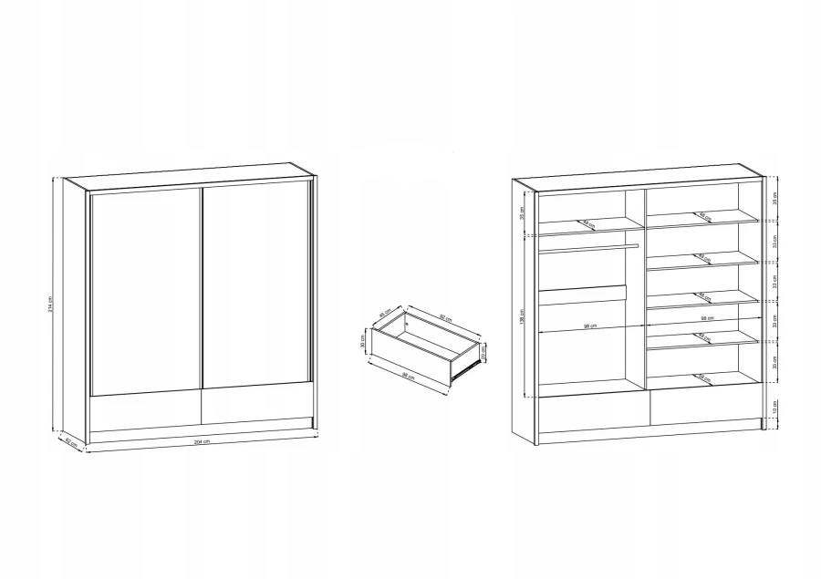 Technische Zeichnung Kleiderschrank 204 cm mit Innenaufteilung und Maßen.