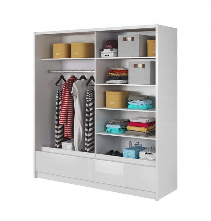 Innenansicht Kleiderschrank weiß mit Kleiderstange, Regalfächern und Boxen.