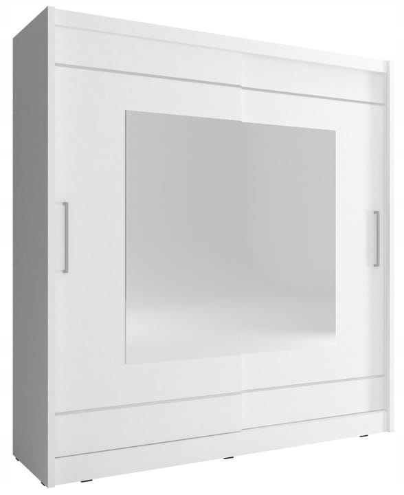 Weißer Kleiderschrank mit zwei Schiebetüren und großem Spiegel in der Mitte.
