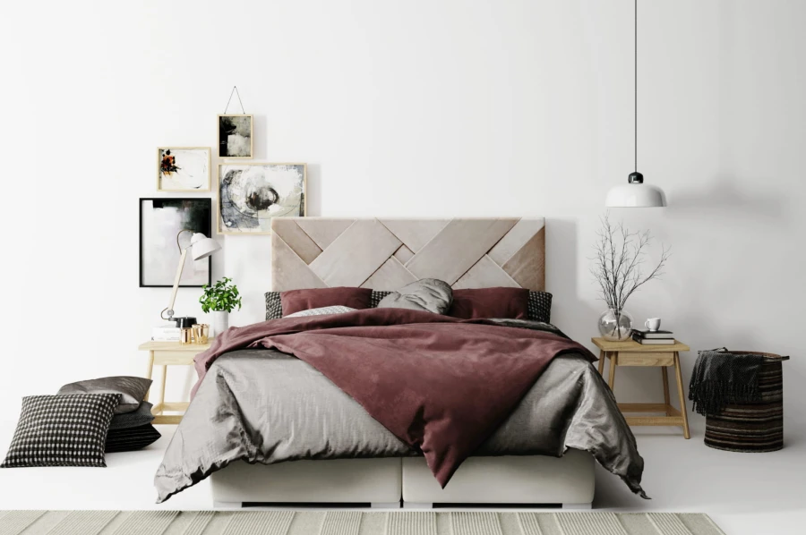 Modernes Schlafzimmer-Design mit elegantem Bett, Wandbildern und gemütlicher Atmosphäre.