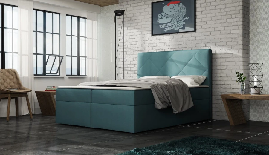 Komfortables türkisfarbenes Polsterbett mit Rautenmuster im modernen Schlafzimmer.