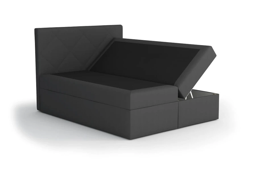 Graues Boxspringbett mit einem geöffneten Bettkasten für praktischen Stauraum.