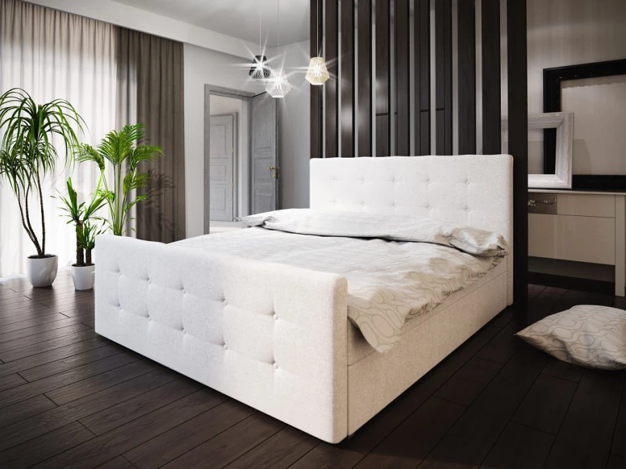 Weißes Polsterbett 160x200 cm mit Knopfheftung und hohem Fußteil im Schlafzimmer.