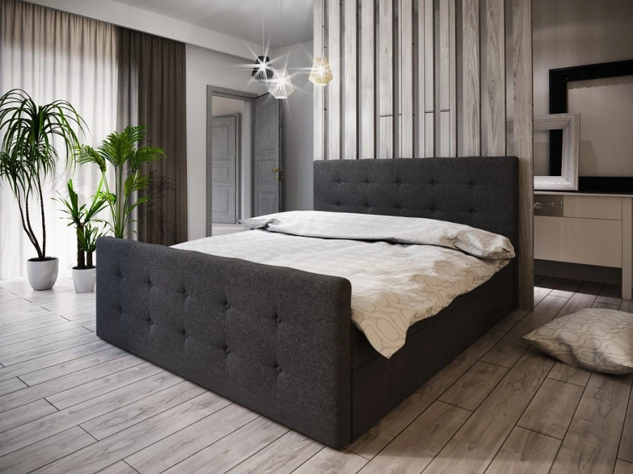 Anthrazitfarbenes Polsterbett 160x200 cm mit Knopfsteppung in modernem Ambiente.