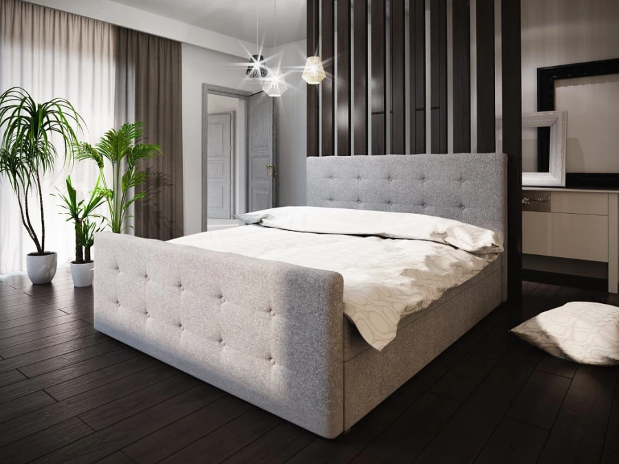 Graues Polsterbett mit gestepptem Kopf- und Fußteil im modernen Schlafzimmer-Design.