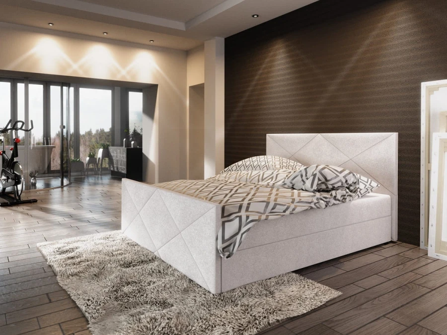 Beige Polsterbett mit Rautenmuster im modernen Schlafzimmer-Ambiente.