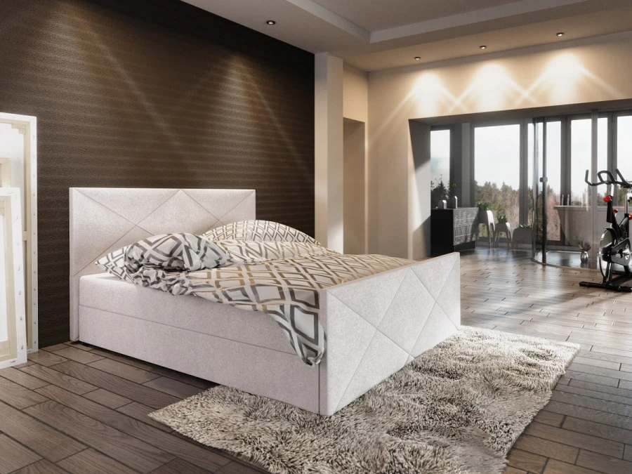 Hellbeiges Designerbett mit geometrischer Steppung an Kopf- und Fußteil.