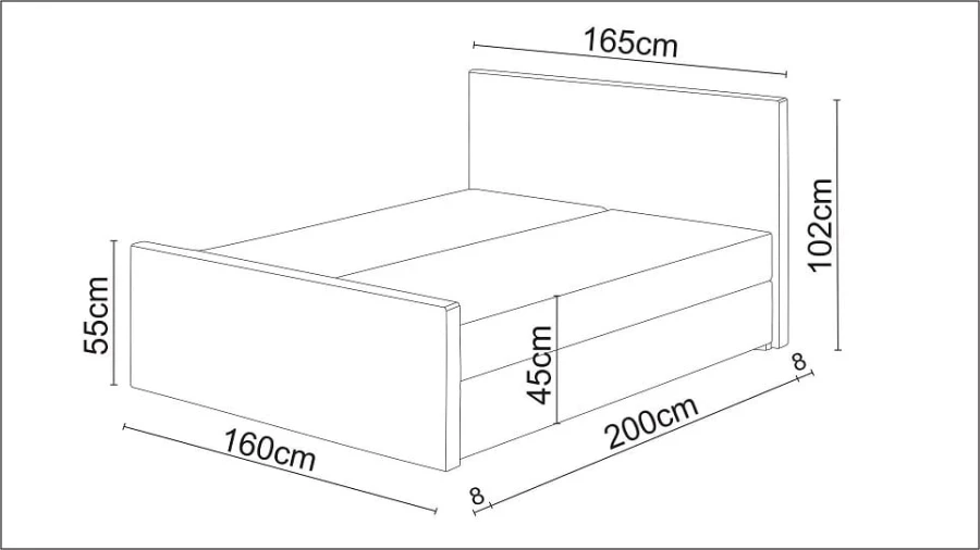 Technische Zeichnung mit Maßen für ein 160x200 cm Polsterbett