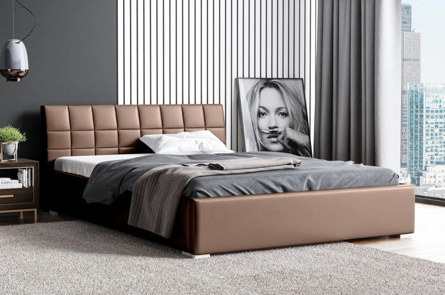 Elegantes braunes Polsterbett mit gestepptem Kopfteil in modernem Design.