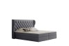 Dunkelgraues Boxspringbett mit elegantem Kopfteil und Knopfheftung auf weißem Hintergrund.