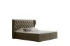 Boxspringbett in Taupe mit gepolstertem Kopfteil und dekorativer Steppung auf Weiß.